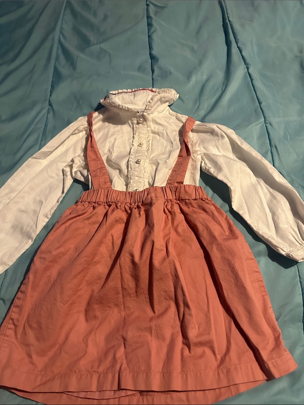 Rachel Riley White Ruffled Blouse with Coral Suspender Skirt